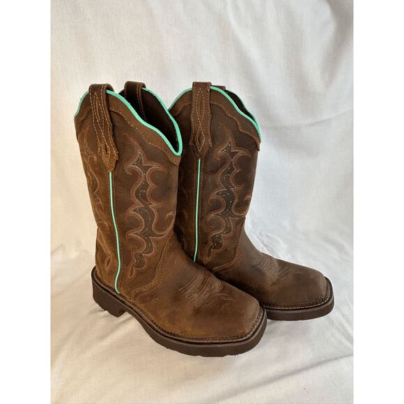 Women's Justin Gypsy Square Toe Boots Size 7B Brown/Turquoise Great Condition - Picture 1 of 9